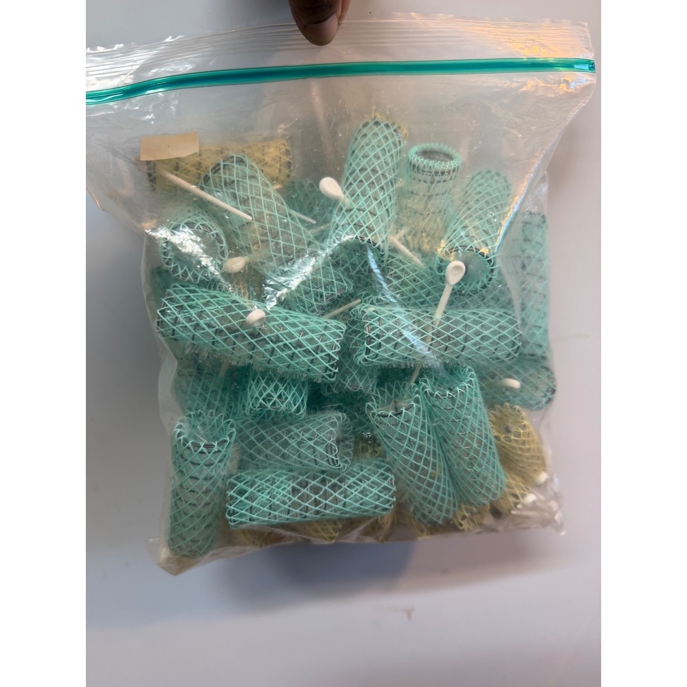 Vintage Brush Hair Rollers Set 59pc Teal Yellow Mesh Wire Rollers Pins Clips